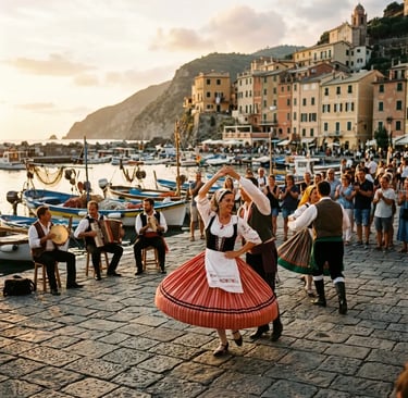 Traditional Tarantella dancers performing on a stone waterfront in an Italian fishing village