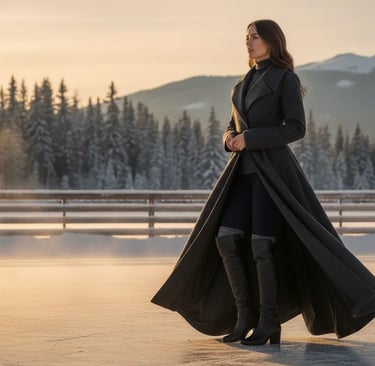 Elegant winter fashion for ice skating: a long wool coat and high boots for a sophisticated outdoor 