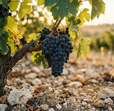 Dark Primitivo grape cluster on vine above limestone soil in Puglia vineyard at golden hour