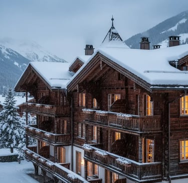 Close-up of a traditional Swiss wooden chalet-style hotel covered in snow, with warm light glowing f
