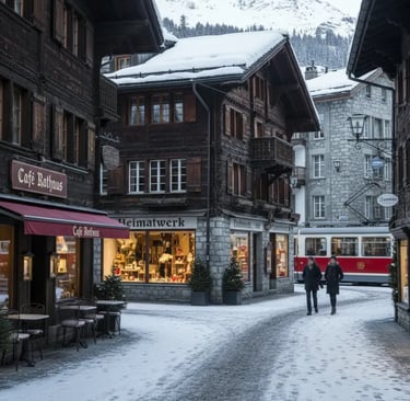 A snowy street scene in the town of Davos with traditional Swiss buildings lining the road and stree
