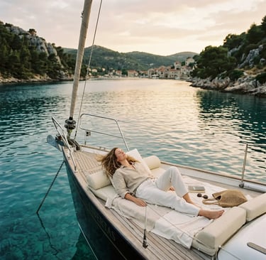  Woman in linen relaxing on bow of premium sailboat anchored in quiet Croatian cove at sunset