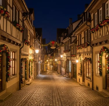 A narrow, cobblestone street in the historic German town of Rothenburg ob der Tauber at night. The t