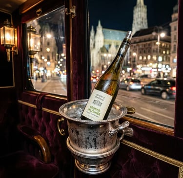 Chilled  wine bottle in silver ice bucket inside a velvet-upholstered Vienna carriage, Stephansdom in background