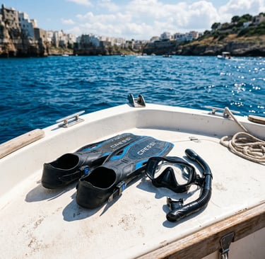 Cressi fins mask and snorkel on white boat deck with Puglia cliffs and blue sea behind