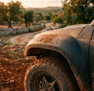 Close-up of muddy buggy wheel arch covered in red Puglia earth at golden hour