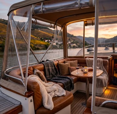 Cozy yacht interior with transparent bimini enclosure, blankets, and wine at sunset.