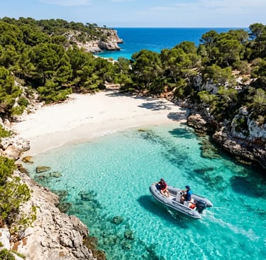 Inflatable dinghy arriving at pristine white sand beach in hidden Menorca cove