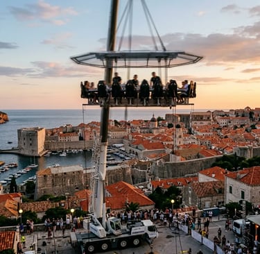 Dinner in the Sky Dubrovnik platform elevated 50 meters above Old Town rooftops at golden hour