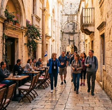  Licensed guide leading travelers through Diocletian's Palace stone alleyways in Split, Croatia.
