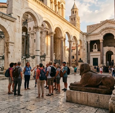 Licensed local guide leading tour group at Diocletian's Palace Peristyle and sphinx in Split