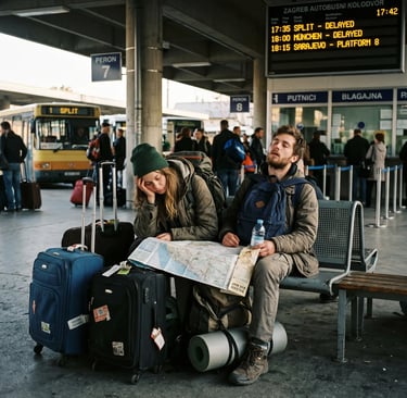 Exhausted travelers with luggage and map at Zagreb bus station facing delayed Split departure.