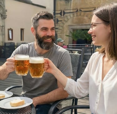 Smiling couple clinking Czech beer glasses at an outdoor castle brewery terrace