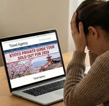 Frustrated traveler looking at a laptop screen displaying sold out warnings for Kyoto private guide 