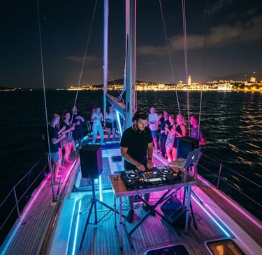 DJ performing live set on private sailboat deck during Split boat party at night