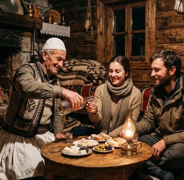 Albanian host in traditional dress pouring raki for two travelers inside a rustic mountain guesthouse