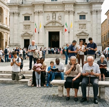 Diverse Catholic pilgrims praying and reading in front of Italian shrine basilica