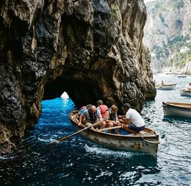 Tourists ducking into Blue Grotto cave entrance on a small wooden rowboat in Capri