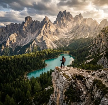 Solo hiker standing on rocky cliff above turquoise Alpine lake in Dolomites