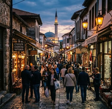 Crowded Old Bazaar in Skopje North Macedonia at dusk with illuminated mosque in background