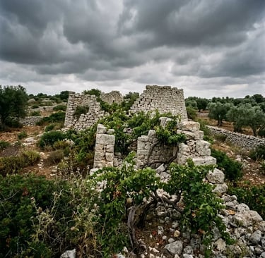 Ancient Messapian stone ruins with wild grapevines growing through rocks in Puglia
