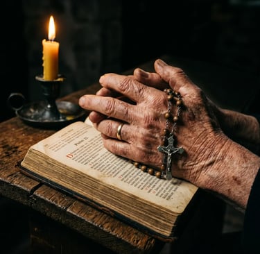 Elderly hands clasped with rosary beads resting on open Bible beside lit candle