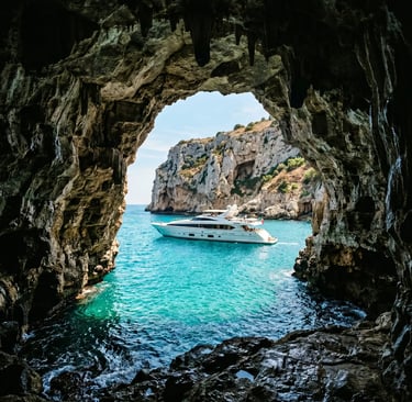 Luxury yacht framed by sea cave arch on Polignano a Mare coastline with turquoise Adriatic water