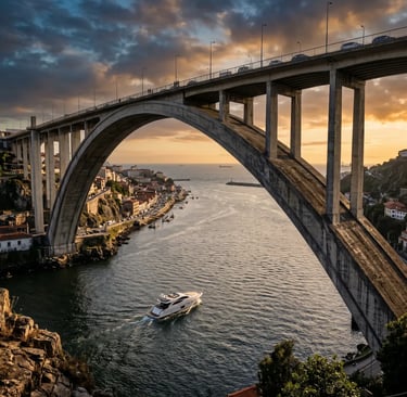 Luxury yacht passing under Arrábida Bridge concrete arch toward Atlantic Ocean at Foz do Douro