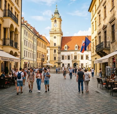 Bratislava Old Town Main Square with clock tower, Slovak flag and cobblestone street