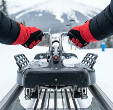 First-person view of a mountain coaster rider's hands on the controls with snowy mountain peaks in t