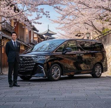 Private chauffeur standing next to a black luxury van on a traditional street in Kyoto during cherry