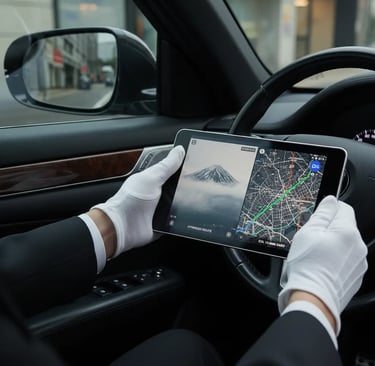 Professional private chauffeur with white gloves checking the route to Mt. Fuji on a tablet.