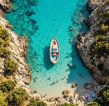 Aerial view of wooden boat anchored in turquoise Capri cove with swimmers in crystal clear water