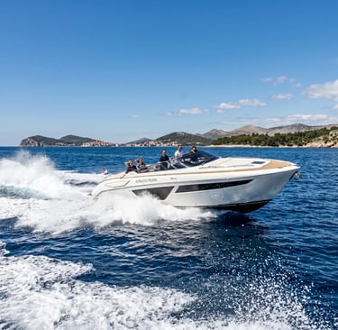 Private luxury speedboat cruising the Adriatic Sea from Split toward Hvar and the Pakleni Islands