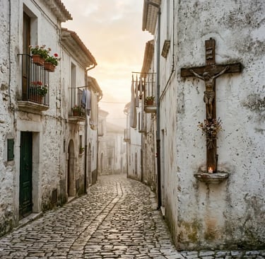 Cobblestone alley in Pietrelcina with crucifix on whitewashed wall at sunrise