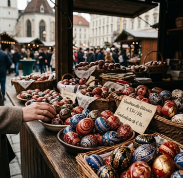 Hand-painted Easter eggs in red and blue folk patterns at Vienna market stall