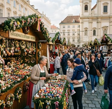 Vienna Freyung Easter Market stall with hand-painted Easter eggs and artisan vendor