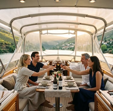 Two couples toasting wine inside luxury yacht with transparent bimini enclosure on Douro River