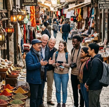 Diverse group of travelers with a local guide at a spice market in Skopje, North Macedonia