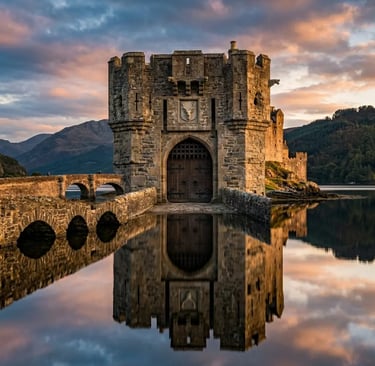 Eilean Donan Castle at golden hour with stone bridge and perfect reflection in Loch Duich