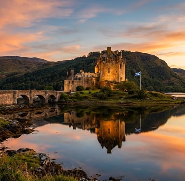 Eilean Donan Castle Reflected in Loch Duich at Golden Hour With Scottish Flag