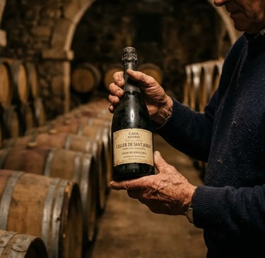 Cellar master inspecting a Gran Reserva cava bottle in a traditional aging barrel hall
