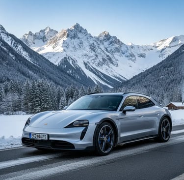 A sleek silver luxury sports car parked against a backdrop of towering snow-capped mountains, repres