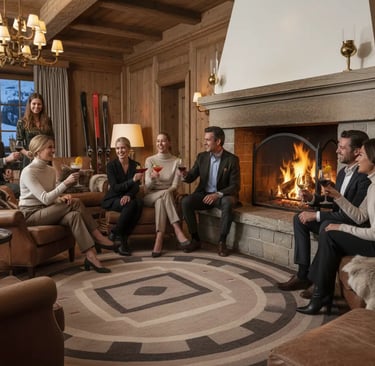 Guests relaxing and enjoying drinks by a cozy stone fireplace in a sophisticated alpine lounge or mo