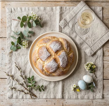 Austrian Osterpinze Easter bread on linen cloth with a glass of sparkling Prosecco