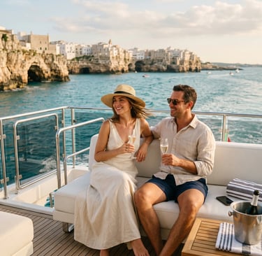 Elegant couple sipping prosecco on yacht deck overlooking Polignano a Mare cliffs at golden hour