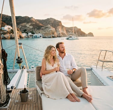 Romantic couple enjoying wine tasting on a private luxury catamaran at sunset in Milos Greece