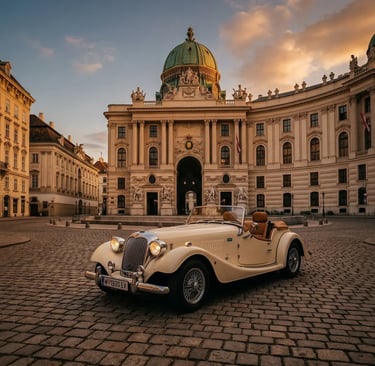 Cream convertible vintage electric car on cobblestones in front of Hofburg Palace
