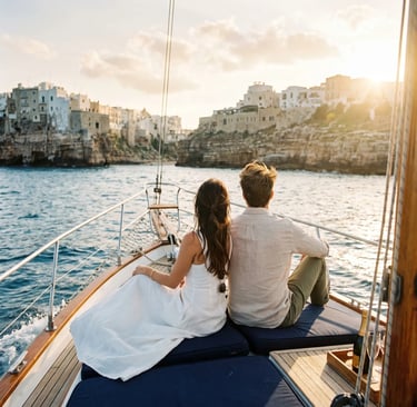 Couple on bow of private charter at golden hour viewing Polignano a Mare cliffs in Apulia