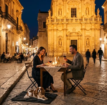 Couple enjoying romantic candlelit dinner with dog in front of illuminated Lecce Baroque cathedral